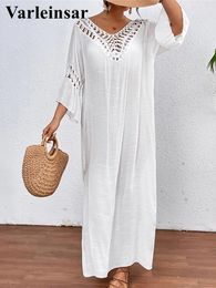 Long Sleeve Hollow Out Backless Crochet Knitted Tunic Beach Cover Up Cover-ups Dress Wear Beachwear Female V5657