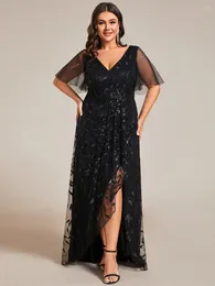 Party Dresses Plus Size Evening Short Sleeves Sequin High Low V-Neck Midi 2024 Ever Pretty Of A-line Black Bridesmaid Dress
