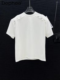 Men's T Shirts Trendy Metal Buckle Stitching Design 2024 Summer Padded Shoulder Round Neck Short Sleeve Boys Solid Colour Loose T-shirt