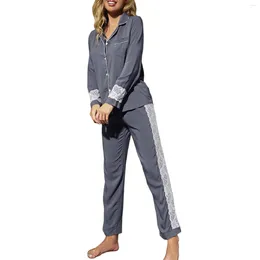 Home Clothing Autumn Winter Sleepwear Women's Lace Panel Long Sleeve Pyjama Sets 2pcs Cotton Loungewear Pants Set Ladies Sleepshirts Chemise