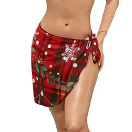 Christmas Snowflake Beach Bikini Cover Up Red Plaid Print Chiffon Wrap Skirts Ladies Design Cover-Ups Retro Wear