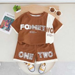 Clothing Sets Waffle Biscuit Childrens Clothing Set Summer Colored Block Childrens Clothing Set 2024 Boys Sportswear Childrens Clothing Baby ClothingL2405