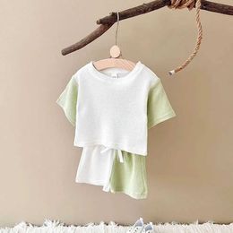 Clothing Sets 2024 Baby Girl Outfit Set Newborn Boys Sets for Children Casual Spliced Colour Waffle Cotton Short Sleeved T-shirt+shorts Summer