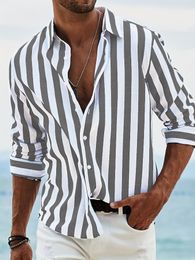 Yarn dyed striped fabric washed Spring Shirts Men Dress Vertical Stripe Shirts blouse tops Summer Casual Hawaiian Beach Button down Printed Shirts For Men Plus Size