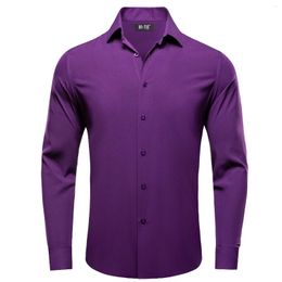 Men's Casual Shirts Hi-Tie Plain Solid Silk Purple Long Sleeve Lapel Dress Suit Shirt Blouse Micro Elastic Comfortable Wedding Business