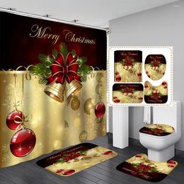 Shower Curtains Christmas Ring Bell Curtain Set Waterproof Bathroom With Hooks Non-Slip Pedestal Rug Lid Toilet Cover Bath Mat