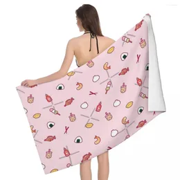 Towel Asian Food Pattern - Pink 80x130cm Bath Brightly Printed For School Souvenir Gift
