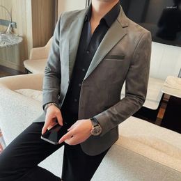 Men's Suits Top Quality Fashion PU Leather Spliced Collar Blazer Coat Mens Spring Slim Fit Casual Business Wedding Social Suit Jacket Tuxedo