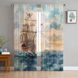 Curtain Oil Painting Style Pirate Boat Sheer Curtains For Living Room Decoration Window Kitchen Tulle Voile Organza