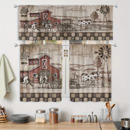 Curtain 3pcs Retro Country Farm Farmhouse Cow Pattern Home Bedroom Room Kitchen Cafe Dining Office Short Shade Cloth
