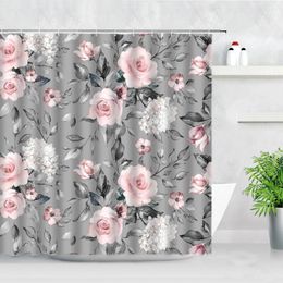 Shower Curtains High Quality Flower Fabric Pink Flowers Plant Printed Bathroom Decor Screen Waterproof Polyester Bath Curtain