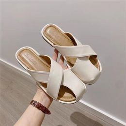 Hollow Out Flat Bottomed Soft Bottomed Toe Wrapped Half Slippers For Women's Summer Korean Version Round Headed Lazy For Women's Shoes, Wearing