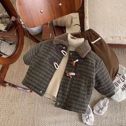 Jackets Kid Parkas Coats 2024 Children Horn Buckle Tweed Coat Boy Cotton Plaid Baby Warm Autumn And Winter Thick