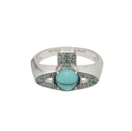 Brand Lake Blue Transit Bead Ring for Womens Personality and Temperament Transparent Beads Full of Diamonds Saturn Nail