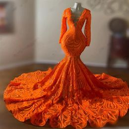 Luxury Orange O Neck Long Prom Dress For Black Girls 2022 Appliques Birthday Party Gown Mermaid Celebrity Dresses Robe De Soir 258T