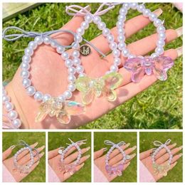 Link Bracelets Sweet Butterfly Pearl Scrunchie Colourful Elastic Hair Rope Fashion High Appearance Level Beaded Bangles Tied