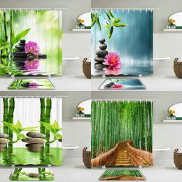 Shower Curtains Green Bamboo Forest And Stone Flower Print Curtain Household Bathroom Decoration Waterproof