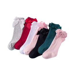 Kids Socks Baby Girl Cotton Socks Solid Colour Big Bow Knee High Socks Cute Lace Work Princess Legs Warm Floor SlideL2405