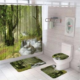 Shower Curtains Misty Forest Waterfall Stream Curtain Set Scenery Tree Bathroom Non-Slip Bath Mat Pedestal Rug Lid Toilet Covers