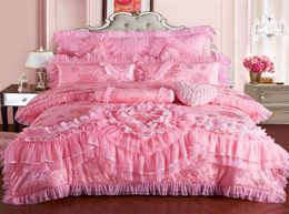 Pink Lace Princess Wedding Luxury Bedding Set King Queen Size Silk Cotton Stain Bed set Duvet Cover Bedspread Pillowcase T2003261411064