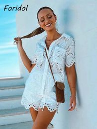 Women's Tracksuits Foridol White Cotton Shorts Set Summer Women 2024 Pockets Hollow Out Embroidery 2 Pcs Outfits Shirt Suit Beach Casual