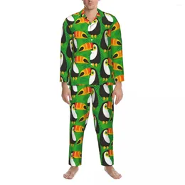 Home Clothing Pajamas Mens Toucan Birds Leisure Nightwear Green Leaves Tropical 2 Pieces Casual Pajama Set Long Sleeve Oversized Suit