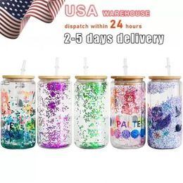 US CA STOCK Sublimation Glass Blanks with Bamboo Lid and Straw-16oz Frosted Sublimation Beer Sublimation Glass Cups Glass Tumblers for Iced Coffee Juice Drinks