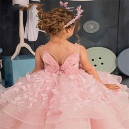 Girl's Dresses Cute pink butterfly girl dress with sheer fluffy sleeveless stickers and sequins for wedding princesss first communication ball dress d240515