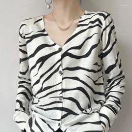 Women's Knits Xz0223 Merino 2024 Thin Knitted Cardigan Coat Lazy Style Western Zebra Pattern Wool Outwear Fashion Top