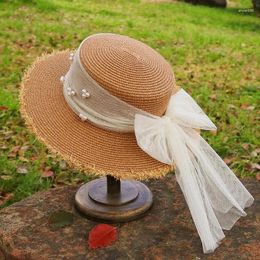 Wide Brim Hats Grass Hat Women's Summer French Fragrance Elegant Lace Pearl Flat Top Beach Tourism Vacation Sunscreen