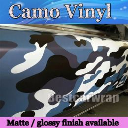 Stickers Large Blue white Snow Camo Vinyl Car Wrap Styling With Air Rlease Gloss/ Matt Arctic blue Camouflage covering car decals 1.52x30m/