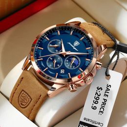 POEDAGAR Men Quartz Watch Luxury Sports Waterproof Chronograph Luminous Date Man Wristwatch Business Leather Mens Watches Clock 240515