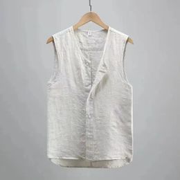 Oldyanup Mens Cotton Linen Tank Tops Collarless Sleeveless Button Cardigan Shirts Summer Thin Casual Loose Vest Streetwear 240515