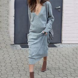 Casual Dresses Women Maxi Dress With Long Sleeve V Neck Solid Loose Knitted Sweater T-Shirt Sexy Robe