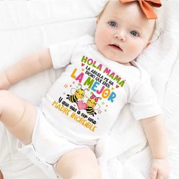 Rompers Hello Mom you want to be an incredible mother printed baby jumpsuits cute baby summer outfits newborn short sleeved tight fitting clothesL240514L240502