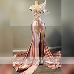 Sparkly Pink Plus Size Formal Prom Dress 2024 Beads Crystal Rhinestones Tassels Side Split Birthday Party Reception Gowns