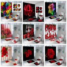 Shower Curtains 4pcs 3D Colourful Rose Waterproof Curtain Bathroom Anti-Slip Pad Toilet U-shaped Cover Home Decor
