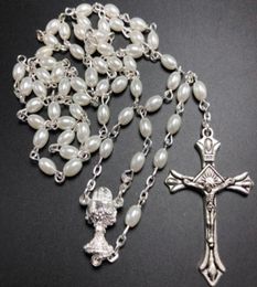 Pendant Necklaces 10pcsset White 64mm Glass Pear Rosary Oval Bead Catholic Rosario Cute Pearl Necklace Chalice Center49360493422132