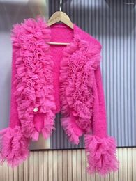 Women's Knits Original Design Cute Mesh Ruffles Women Sweater Top All-match Elegant Fairy Cardigans Coat Pink Long Sleeve Knitted Short