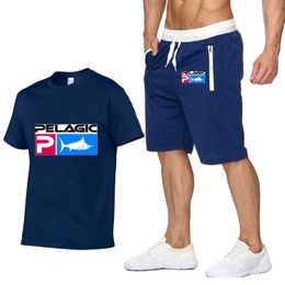 Men's Tracksuits Summer Men Suit Pelagic Fisher Printed Clothes Fashion Casual Cotton Sport Short Slve Mans T shirts Shorts 2 Piece Sets T240515