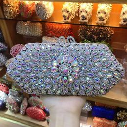 Evening Bags Women AB Silver Crystal Hollow Out Ladies Diamond Wedding Rhinestones Clutch Purse And Handbag