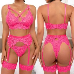 Sexy Pyjamas Porn Plus Size Sexy Lingerie Bra And Panty Garters 3pcs S Through Sexy Hollow Out Womens Underwear Set Erotic Lace Bra Set T240513