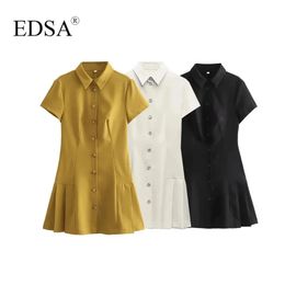EDSA Women Elegant Short Sleeve Shirt Dress Turndown Collar Single Breasted Fitted Waist Side Pleates for Female 240514