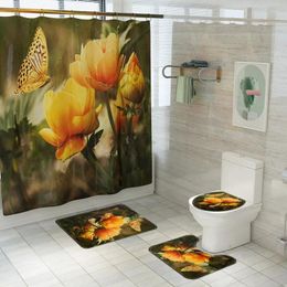 Bath Mats Shower Curtain With Set Non-slip Bathroom Rug Scenic Printed Toilet Rugs Carpet Machine Washable Mat