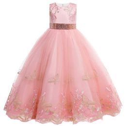 Girl's Dresses Childrens dress Princess Girl Butterfly lace embroidered flower long dress 2022 new Christmas Ball Party Beaded Jacquard Dress Y240514