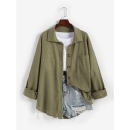 Womens Blouses Shirts Designer Sweatshirt Drop Shoder Waffle Pocket Shacket - Green L Delivery Apparel Clothing Dhefj