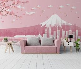 Wallpapers Custom Nordic Cartoon Japan Fuji Mountain Wallpaper For Children's Room Pink Background TV Wall Home Decor Paper