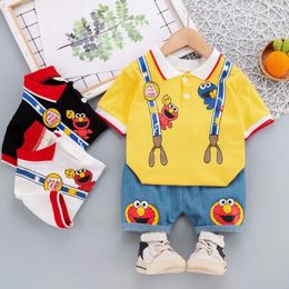 Children Clothes for Baby Infant Boy Girl Cute Sesame Street Print Clothing Sets Summer Soft Polo T-shirtShorts 2pcs Suits 240515