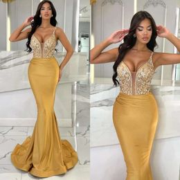 Gorgeous Gold Mermaid Prom Dress Straps Sequins Bodice Evening Ruffles Formal Red Carpet Gowns For Women 0515