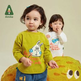 Pullover Amila Boys and Girls T-shirt 2023 Autumn New Multi Color Set 100% Cotton Fashion Round Neck Baby Clothing Breathable Baby ClothingL240502